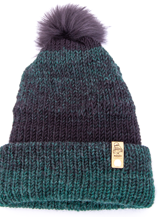 Green/Black Color and Soft Wool Winter Hat with Cute PomPom ~ woolly hat, winter hat, beanie hat, unisex, womens hats, knitted hat