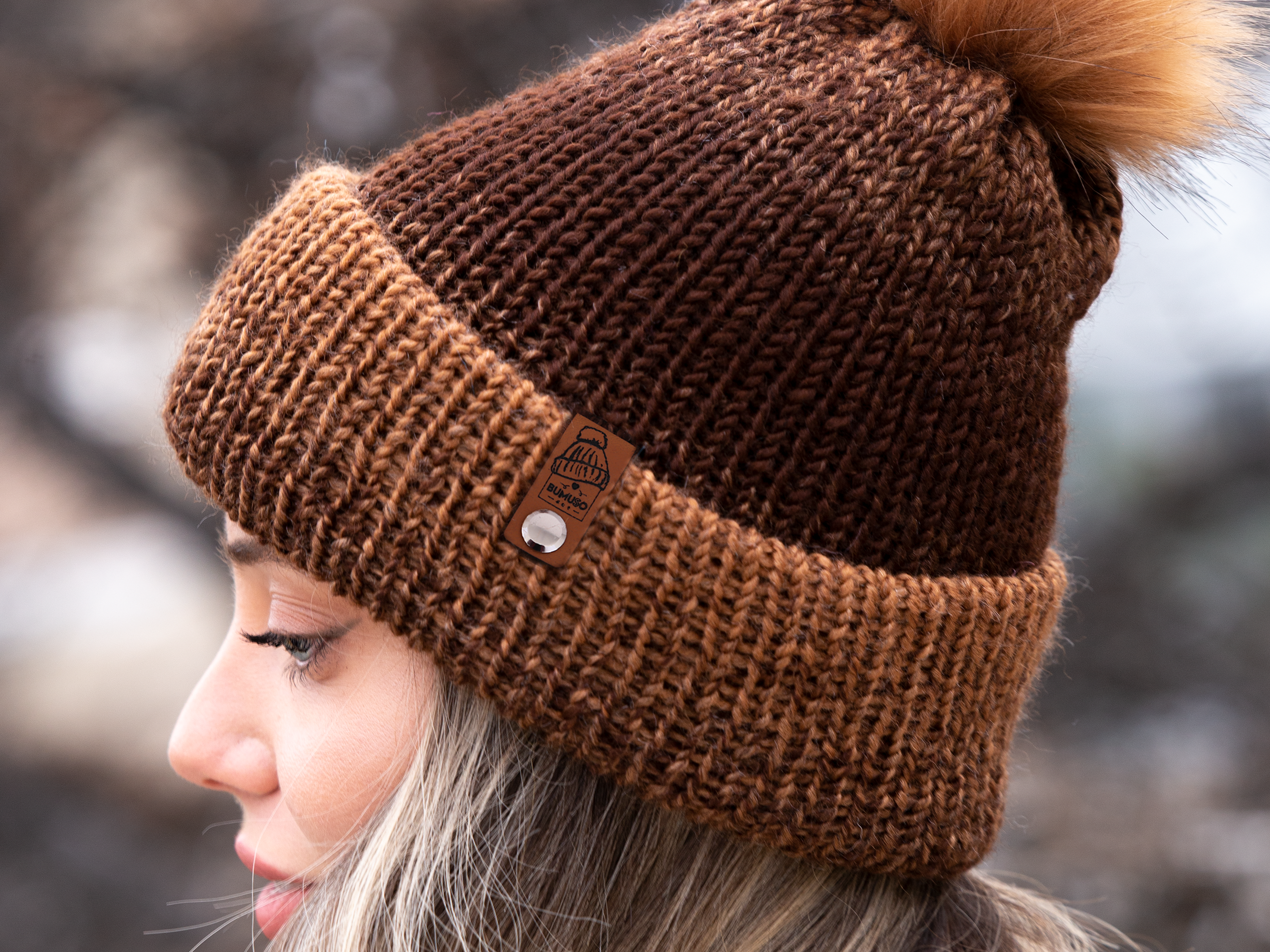 Brown/Yellow Color and Soft Wool Winter Hat with Cute PomPom ~ woolly hat, winter hat, beanie hat, unisex, womens hats, knitted hat - Image 3