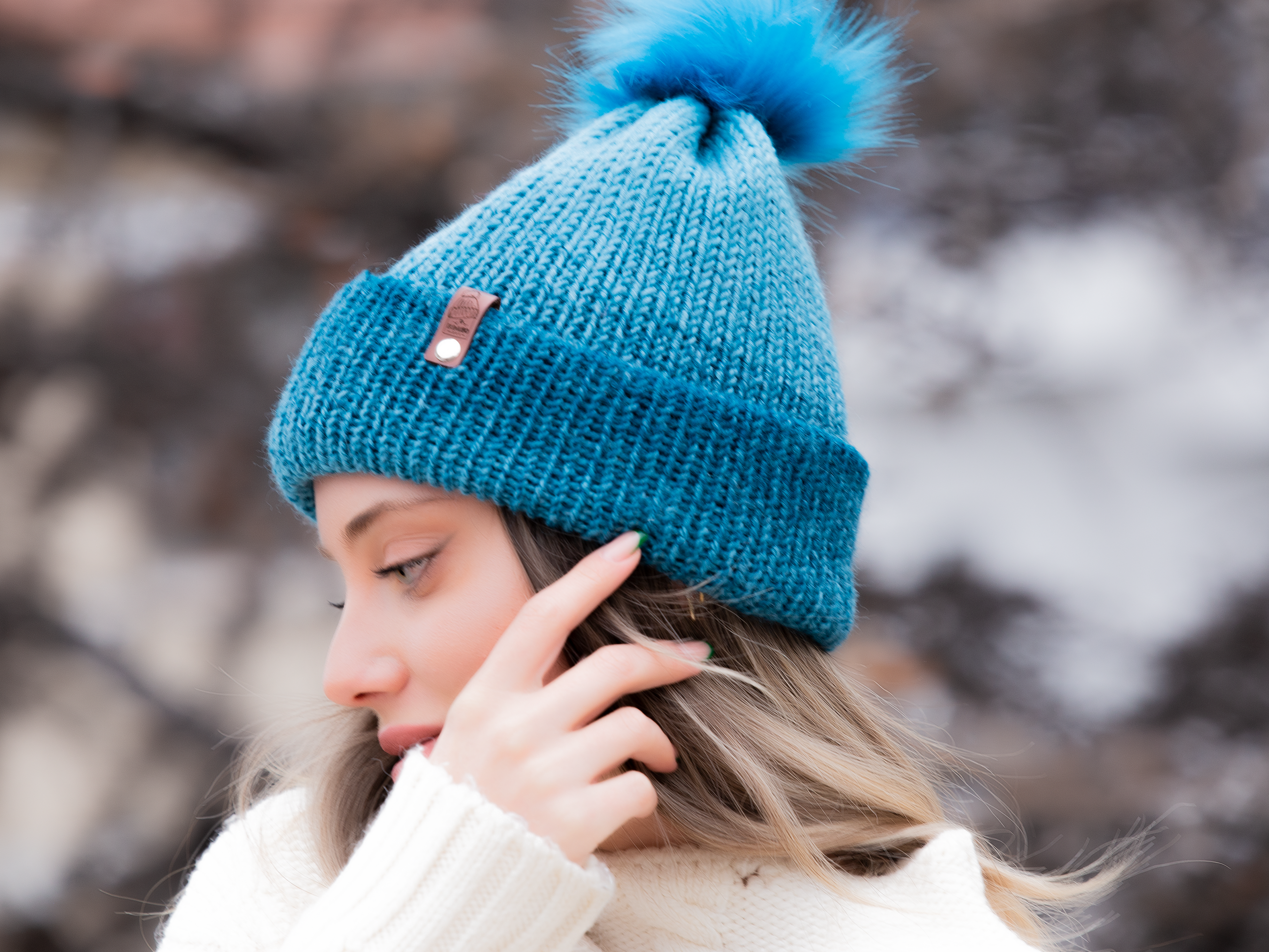 Light Blue Color and Soft Wool Winter Hat with Cute PomPom ~ woolly hat, winter hat, beanie hat, unisex, womens hats, knitted hat - Image 3