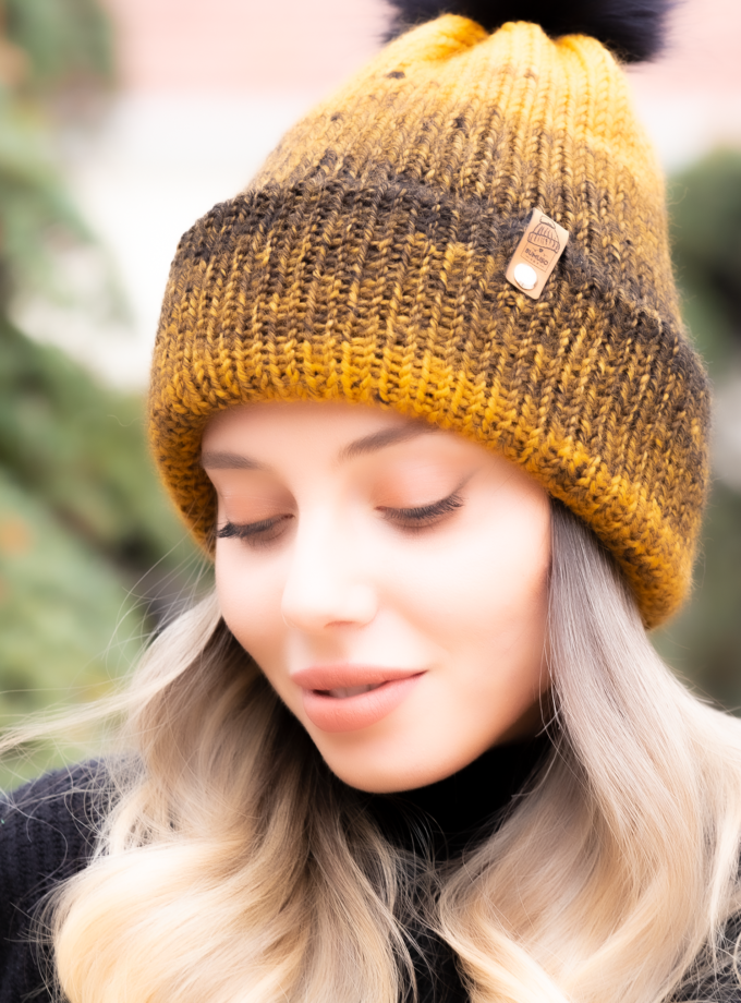 Yellow/Black Color and Soft Wool Winter Hat with Cute PomPom ~ woolly hat, winter hat, beanie hat, unisex, womens hats, knitted hat